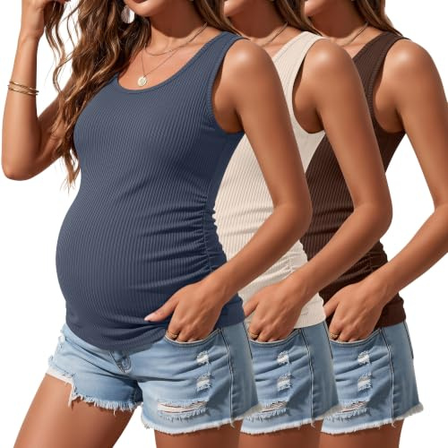 Riyiper 3 Pack Women's Maternity Tank Tops | Pregnant Woman Sleeveless Shirts, Cotton Pregnancy T-Shirts, Ribbed Knit, Sides Ruched, Basic, Mama Clothes, Summer