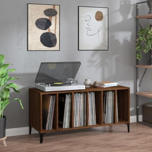 Iiaky 831988 Mobile Porta Dischi Rovere Marrone 100x38x48 Legno Multistrato Supporto per Giradischi,Supporto per Giradischi in Legno,Supporto per Giradischi con Spazio di archiviazione