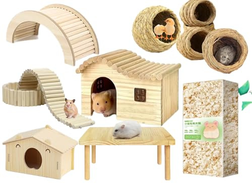 Jaula moderna para hámster de pino para pequeños animales, para el hogar, juegos y formación de paisajes en la caja para niños, contiene 6 piezas de casa, mesa, valla, nido de pájaros, puente