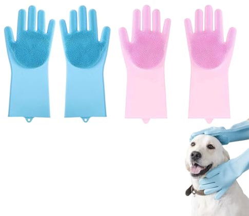 ZPSCXQ 2 Pack Dog Washing Gloves - Blue & Pink Silicone Grooming Gloves for Pet Bathing, Cleaning, and Massaging - Durable Dog Cleaning Gloves for Shedding, Scrubbing, and Grooming