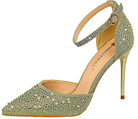 Zapatos de tacón de aguja para mujer, tacón de aguja y correa al tobillo, tacón alto, vestido de lentejuelas con diamantes de imitación, para bodas, bailes, fiestas, dorado, 39 EU