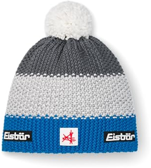 Eisbär Mütze Herren & Damen Star Pompon Ski Austria Schwarz-grau-blau - Merino Wintermütze Unisex mit Fleece schützt vor Kälte und Wind - Bommelmütze atmungsaktiv elastisch Haube aus Österreich