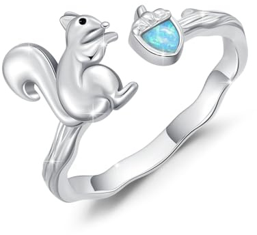 REDSUN Bague écureuil pour femmes et filles - En argent sterling 925 - Avec ambre / bleu / rose / vert / blanc - Opale réglable - Bijou écureuil et noisette, Argent sterling, Opale