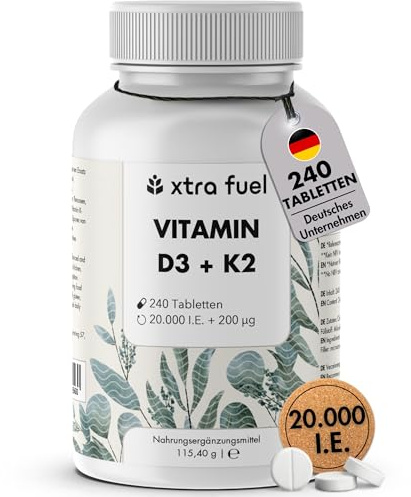 Vitamin D3 K2 20000 IE + Vitamin K2 MK7 99,7+% All-Trans - 240 Tabletten (hochdosiert) - geprüft, vegan & ohne Zusätze