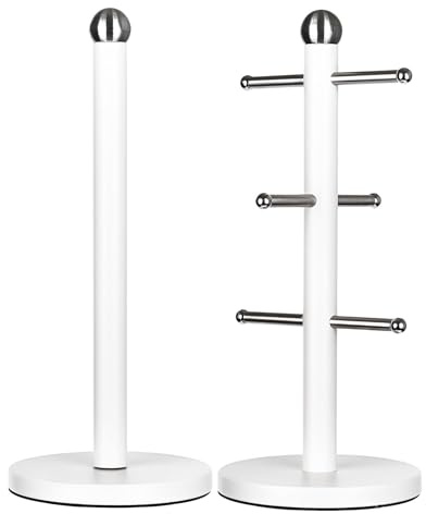 Novel Solutions Mug Tree & Paper Towel Holder Set – Stainless Steel with Powder-Coated Finish, Six Hooks, Weighted Anti-Slip Bases for Stable Countertop Organisation, White