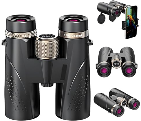 AiMeiteng Jumelles HD 12 x 42 pour Adultes, prismes BAK4, objectifs FMC, Jumelles étanches pour l'observation des Oiseaux, la randonnée, l'observation de la Faune avec Adaptateur téléphonique