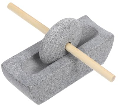 Amosfun Moulin à Meule de Pierre Traditionnel pour Thé Pilon Manuel en Pierre et Bois, Broyeur à Grains Cuisine, Usage Domestique, Conserve la Saveur