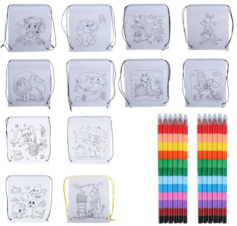 Werownsgso Lot de 12 sacs de coloriage pour enfants - 12 crayons de cire empilables (12 couleurs) - Sac en tissu à peindre et petit cadeau d'anniversaire d'enfant