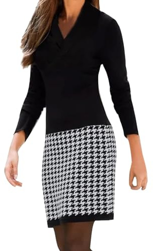 Generisch Robes décontractées en tricot pour femme - Robe pull - Robe d'automne élégante - Robe d'hiver pied-de-poule pour femme - Couture tendance - Manches longues - Col en V - Tenue décontractée