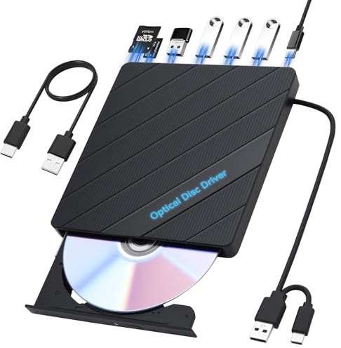 ELUTENG Lector/Grabador de CD/DVD Externo USB 3.0 y Tipo-C con Cable USB-C de 0.6m, Unidad de CD/DVD Portátil +/-RW para Portátil PC MacBook Windows 11/10/8/7 Mac OS