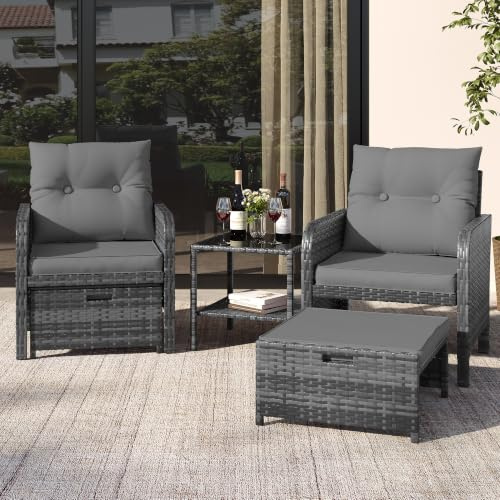 Amopatio 5-delat set polyrattan trädgårdsmöbelset, rotting lounge set med 2 pallar och glasbord, väderbeständigt set för trädgård och terrass, balkong, grå