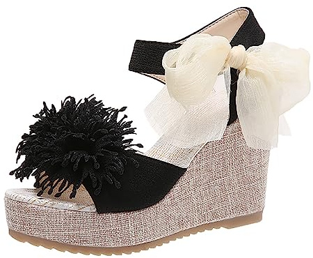 ZTFYKLIN Sandalias Sport Mujer Las Mujeres Verano Flores Pajarita Con Cordones Casual Punta Abierta Cuñas Cómodos Zapatos De Playa (Black, 38) Alpargatas Planas Esparto Plataforma Pies Anchos