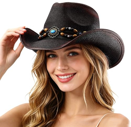 Cappello Cowboy Donna Nero Estivo Protezione Solare Feste Cappelli Cowboy Classico Leggero Cappello Western Occidentale Retro per Carnevale Festival Tesa Larga