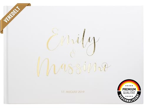 DeinWeddingshop Deluxe Hochzeitsgästebuch | Gästebuch zur Hochzeit personalisiert | Veredelung in Gold, Rosé-Gold, Silber oder Kupfer | A4 quer | Weiss, Inhalt mit Fragen