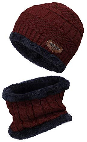 Gorro de Invierno para Niños Gorro de Punto Cálido y Bufanda Circular con Forro de Lana Conjuntos 2 en 1 Accesorios de Invierno Unisex, Rojo Vino
