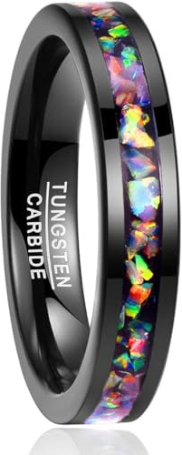 Vakki 4mm Schwarz Partnerringe Wolfram Ring mit Opal Damen Freundschaftsringe Verlobungsringe Eheringe Größe 57(18.1)