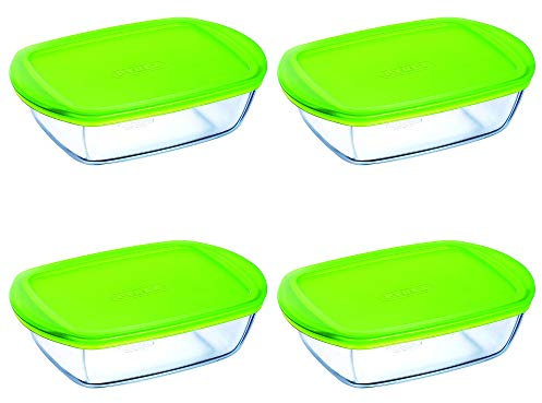 Pyrex Microwave Safe Classic Rectangular Glass Dish Vented Lid 1.1 Litre Green (Pack of 4)