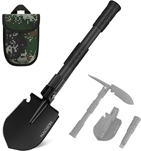 NACATIN Military Folding Shovel: 9-in-1 Survival Shovel for Camping, Car Emergency & Outdoor Digging | Portable Multi-Tool with Pouch