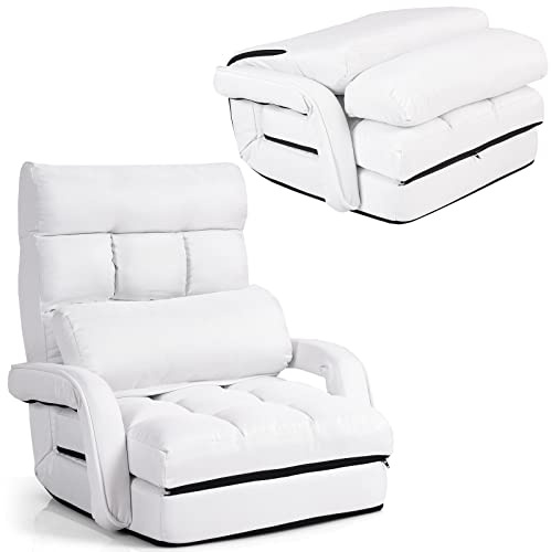 RELAX4LIFE Fauteuil Convertible à Accoudoir et Dossier Réglable à 5 Positions, Chauffeuse 1 Place Adulte Convertible Fauteuil Bas avec Oreiller pour Maison, Bureau, Blanc/Rouge/Bleu(Blanc)