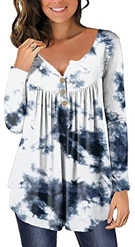 Långärmad skjorta dam tunika knappar T-shirt blommig blus för dam topp, L batik, XL