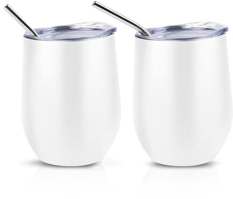 QUTHZZHY 2 Stück Weinbecher Edelstahl, Weinbecher To Go, 12 OZ Isolierter Weinbecher mit Deckel, Doppelwandigen Isolierte Vakuumisoliert Weinglas, für Kaffee Champagner Heißgetränke, Frauen Ges(Weiß)
