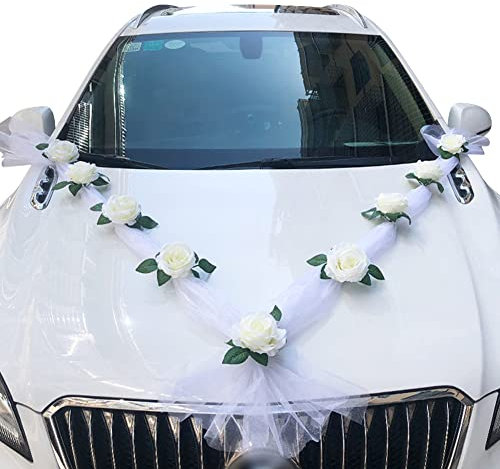 Asudaro Auto Wedding Deko Girlande Autoschmuck Hochzeit Auto Schmuck Braut Paar Rose Deko Dekoration Autodeko Hochzeitsdeko Auto Blumenschmuck Hochzeitsschmuck Hochzeitsauto Deko,Weiß