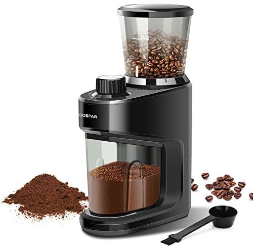 Aigostar Hills - Molinillo de café eléctrico para semillas, especias, frutos secos etc. Mecanismo cónico de acero inoxidable, 15 ajustes de molienda, capacidad 150gr, 150W. Recipiente extraíble