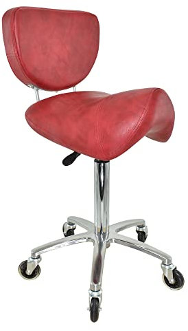 VAKON SALON - Sattelhocker mit Lehne Rot, Sattelstuhl für Rückenentlastung, Rollhocker höhenverstellbar von 55-75 cm Drehhocker, Praxishocker, Bürohocker, Arbeitshocker