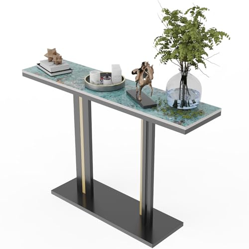 FATIVO Marmorkonsolbord sintrad sten: Lyxiga moderna hallbord 118 x 30 x 78 cm abstrakt jadegrön texturerad klar marmor bord med svart och guld geometrisk linje piedestal för entré soffa dekor