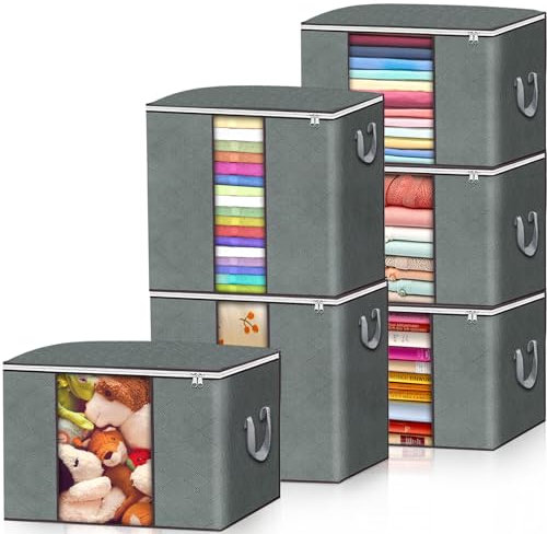 FAMKEEP 6pcs Scatole per Armadio Salvaspazio,Scatole per Vestiti Grande Capacità, Organizzatore Pieghevole Traspirante,Scatoloni per Vestiti con Manico per Trapunte, Coperte, Biancheria da Letto