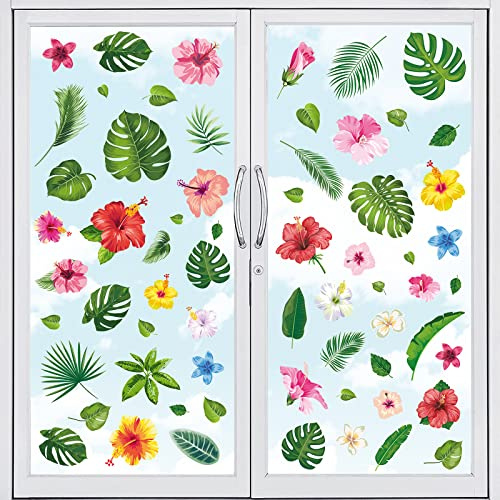 Whaline 9 Sheets Summer Palm Leaves Window Clings Tropical Hibiscus Flower Window Stickers Hawaii Green Plants Removable Stickers for Summer Home Classroom Decor Baby Shower Hawaii Party Supplies