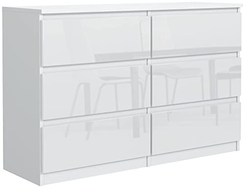 meble masztalerz Commode 120 cm Blanc avec Façades Brillantes - avec 6 tiroirs – 120 x 78,5 x 39 cm - Meuble de Rangement - Commode Chambre - Meuble Salon Classique