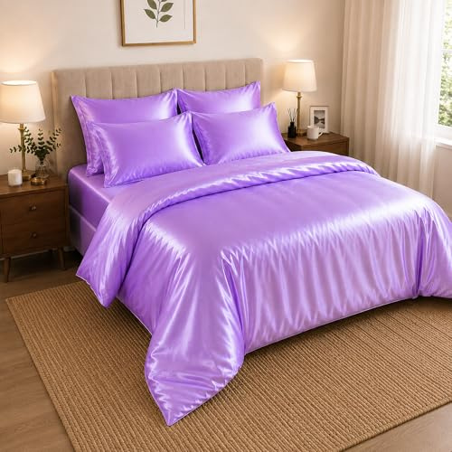 Hadi London Satin Silk 6 Piece Complete Bedding Set with Silky Deep Fitted Sheet Reversible Duvet Cover Comforter & 4 Pillowcases for Single Double King Super King Size Bed (Lilac, Single)