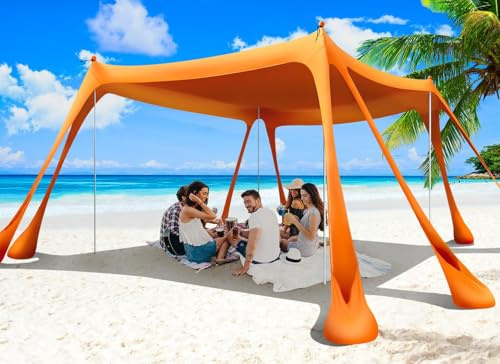 Wabolay Beach Tent Sun Shelter 10x10ft Beach Canopy Easy Pop Up Sun Shade Portable UPF50+ with 8 Sandbags-2 Sand Shovel-4 Aluminum Poles-Ground Pegs for Outdoor Family Camping Fishing Backyard Picnic