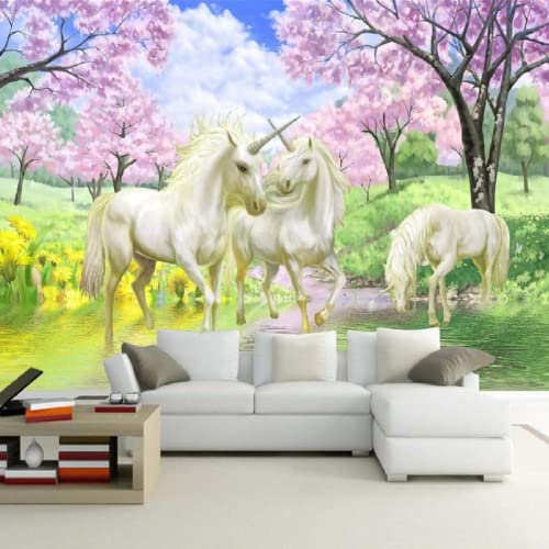 Papel Pintado Pared 3D Papel Tapiz Flor De Cerezo Unicornio Blanco Fotomurales 3D Tv Fondo Pared Moderno Dormitorio Murales