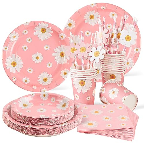 SUNBEAUTY 80pcs Party Tableware Set Daisy Theme Pastel Birthday Decorations | 16 Guests Paper Party Tablewares for Birthday Plates and Napkins Sets Baby Shower Decor Girls Decorations