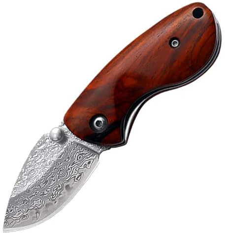 Joa Couteau de Poche Pliant en Acier Damassé - Qualité Supérieure Pour Survie et Chasse - Mini EDC Avec Manche en Bois