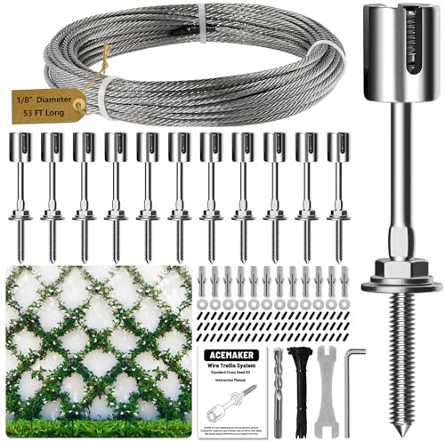 Acemaker Wire Trellis for Climbing Plants Outdoor, 12-Set Wall Wire Trellis Kit with 1/8in x 53ft Stainless Steel Cable, T316 Espalier System for Fence and Garden DIY Projects