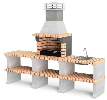 MOVELAR - Barbacoa de Obra Prefabricada de Leña y Carbón Modelo Pack 1 Liz Plus XL Outdoor Kitchen (Gris, Naranja - 228 x 58 x 210 cm) REF: M00482 - Cocina de Exterior para Jardín o Patio