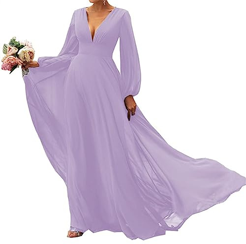 QSAW477 - Vestido de dama de honor de manga larga para mujer, cuello en V, vestido formal de gasa, Lila, 44