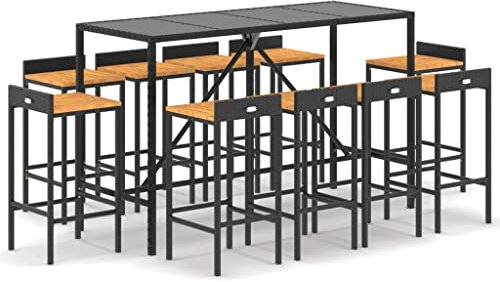 Makastle 11-teilig Gartenbar Set, Garten Sitzgruppe Essgruppe Stehtisch Barstühlen Gartenmöbel, Bartisch mit Barhocker Set für Garten Rasen, Schwarz Poly Rattan & Massivholz Akazie