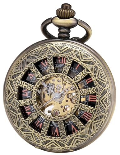 ManChDa Taschenuhr – Skelett-Taschenuhr, mechanisch, Lupe, spezieller Deckel, römische Zahlen, Fob Armbanduhr für Herren, mit Kette + Geschenkbox