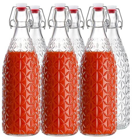 Danmu Art Swing Top Glass Bottles 6 Pack 1L - Airtight for Kombucha, Water Storage, Home Brew Cider & Fermenting Kefir - Flip Top Lids for Home Brewing, Oil, Vinegar, Beer, Wine, Soda