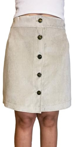 C K CrisKat Mini jupe en jean et velours côtelé pour femme, taille haute, poches arrière, fermeture à boutons, Beige sable, Medium