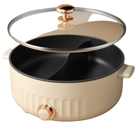 Pentola elettrica da 1350 W con divisore, multi-cuocitori elettrici con coperchio in vetro temperato, pentola elettrica Shabu per riunioni di famiglia o cene (con 3 velocità regolabili), bianco