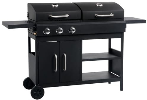 Homgoday Barbecue Gril Combo à Gaz et au Charbon avec 3 Brûleurs, Barbecue Grill d'Extérieur, BBQ à Charbon Smoker Fumoir pour Viande, Poisson, Fromage Cuisine extérieure