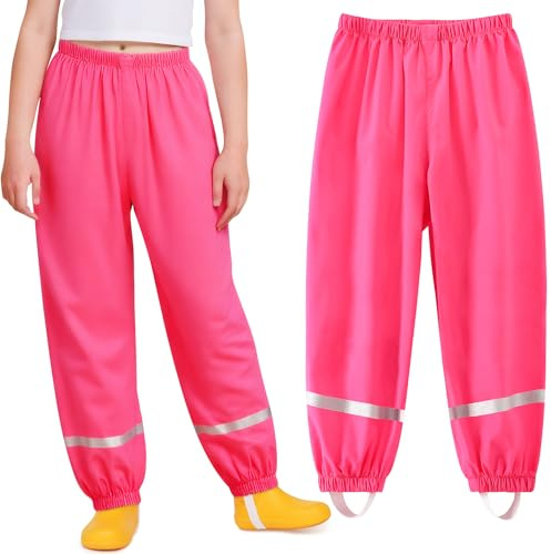 Domueay Kids Waterproof Trousers Girls Breathable Lightweight Rain Pants with Reflective Strip Mud Dirty Proof Trousers Outdoor Windproof Overtrousers Unisex Rainwear for Age 3-4 Years, Rose Red