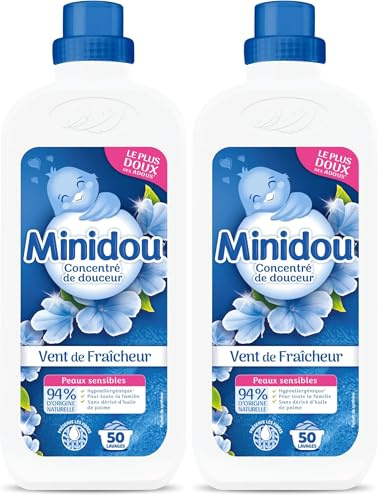 Minidou - Assouplissant Linge Vent de Fraîcheur | Élimine Résidus de Détergent & Réduit les Froissements | Tous Textiles | 1L - 50 Lavages (Lot de 2)