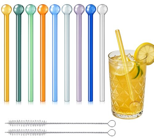 Glas Strohhalme Wiederverwendbar Rinkhalme Farbenfroh: Qoosea 9 Stück Rundkopf Glas-Smoothie-Strohhalme mit 2 Reinigungsbürsten für Milchshakes, Säfte, Gefrorene Getränke