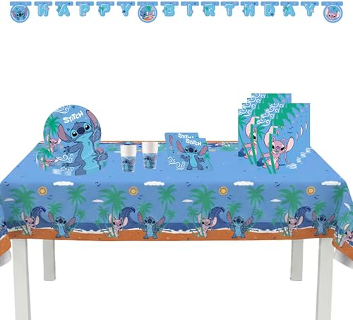 Procos - Set de fiesta Stitch grande, 46 piezas, set de fiesta para cumpleaños infantiles o fiestas temáticas, decoración de mesa